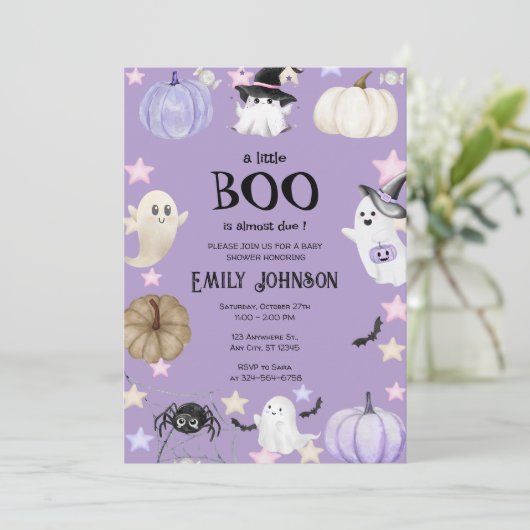 Een beetje Boo Halloween Baby shower paarse Kaart (Staand voorkant)