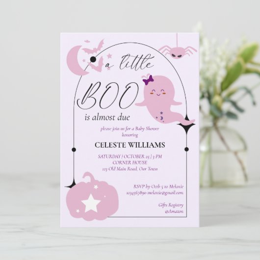 Een beetje boo pastel roze Halloween baby shower Kaart (Staand voorkant)