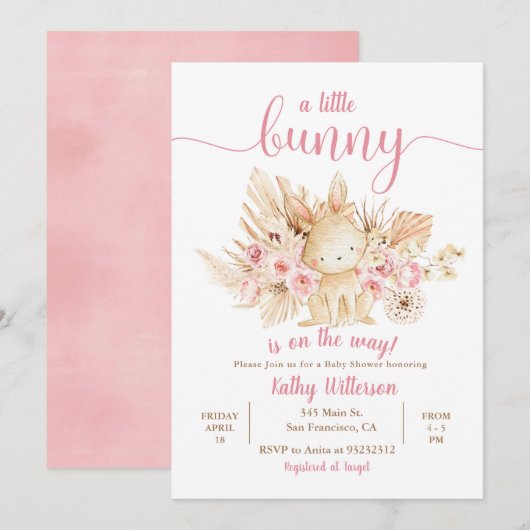 Een beetje Bunny Pink Floral Baby shower Uitnodigi Kaart (Voorkant / Achterkant)