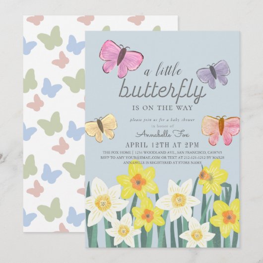Een beetje Butterfly Daffodil Floral Baby shower Kaart (Voorkant / Achterkant)