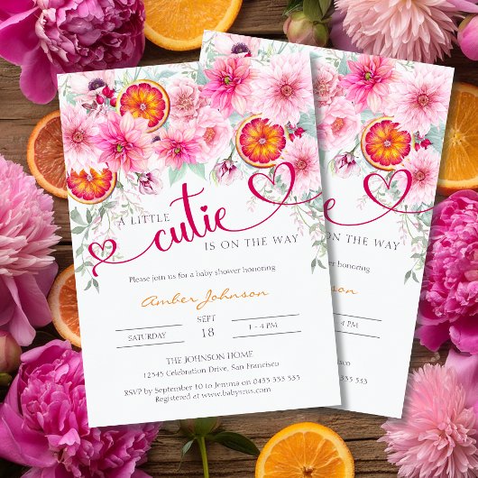 Een beetje Cutie Citrus en roze Bloemen Baby showe Kaart