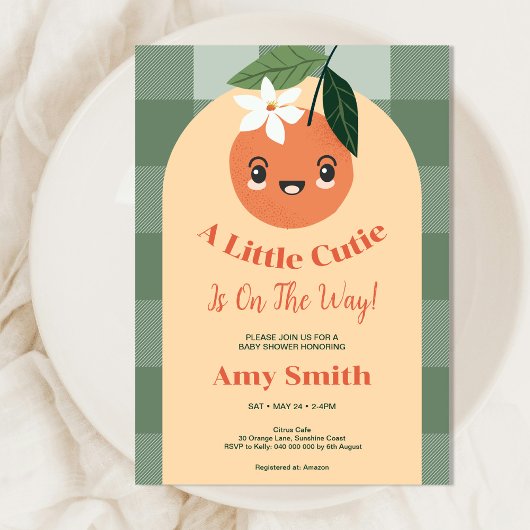 Een beetje Cutie Citrus Sinaasappel Gingham Baby s Kaart