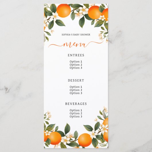 Een beetje cutie is op de weg Tangerine Baby showe Menu (Voorkant)