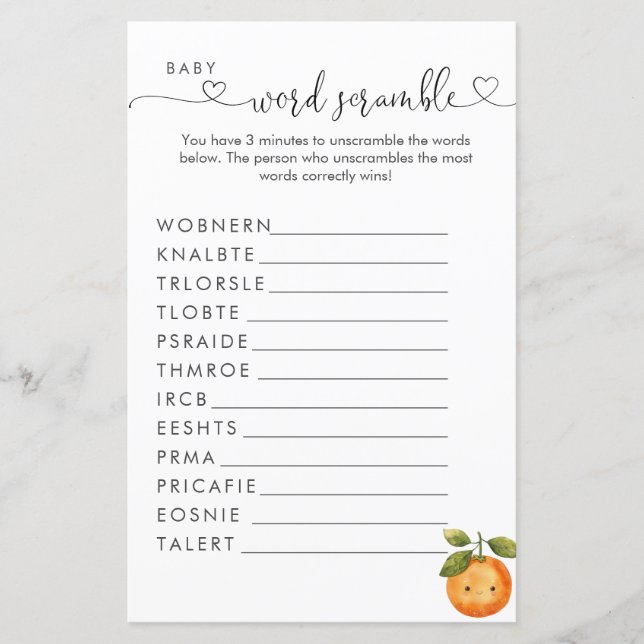 Een beetje cutie Oranje Clementine Word Scramble (Voorkant)