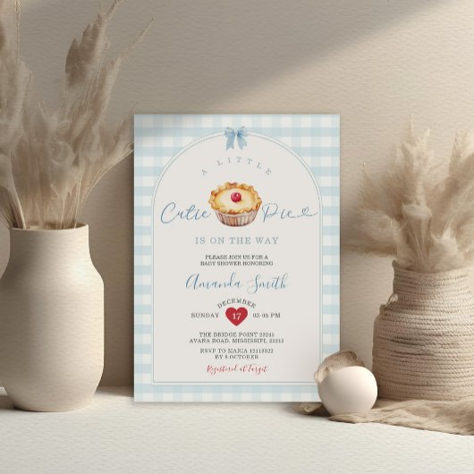 Een beetje Cutie Pie Blue Gingham Cherry Baby show Kaart