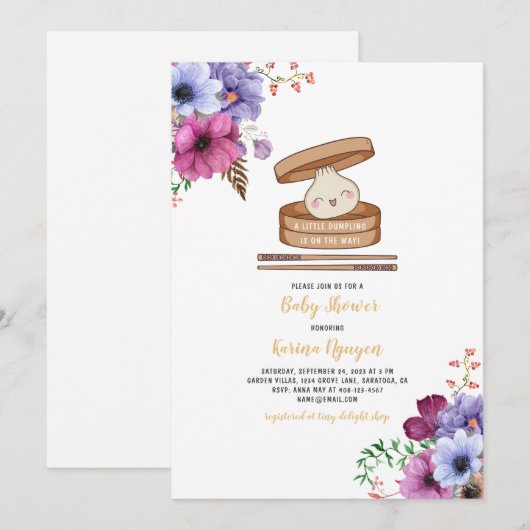 Een beetje Dumpling Floral Baby shower uitnodiging (Voorkant / Achterkant)