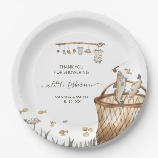 Een beetje Fisherman Waterverf Gevist Baby shower Papieren Bordje (Voorkant)