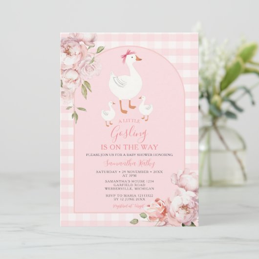 Een beetje Gosling Pink Floral Gingham Baby shower Kaart (Staand voorkant)