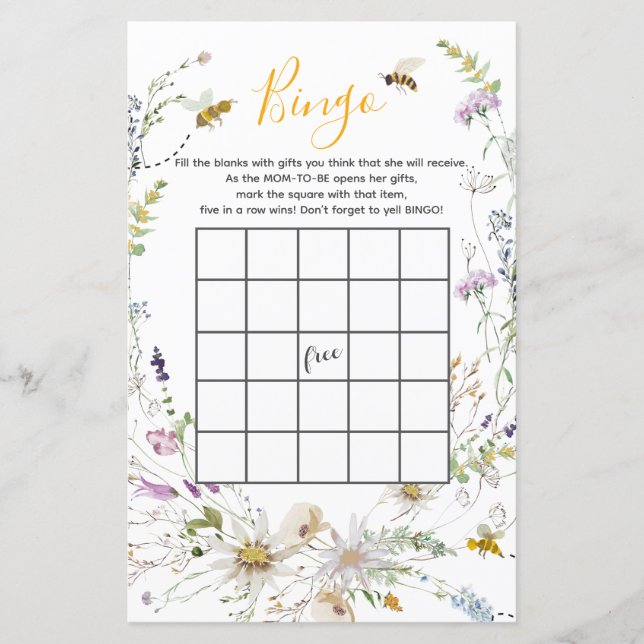 Een beetje Honey Bee Wildflower Baby shower Bingo (Voorkant)