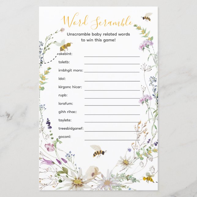 Een beetje Honey Bee Wildflower Word Scramble (Voorkant)