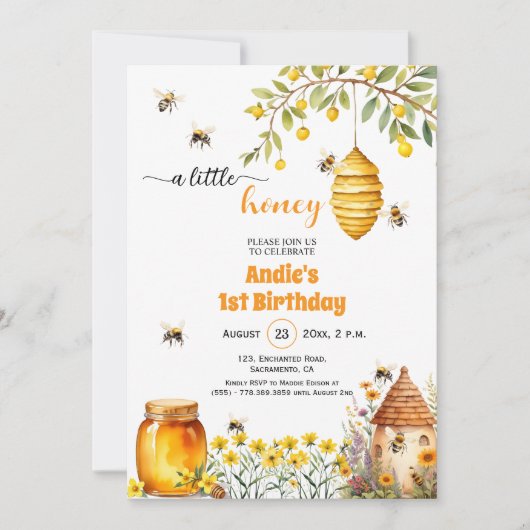 Een beetje honing 1e verjaardag uitnodiging (Voorkant)