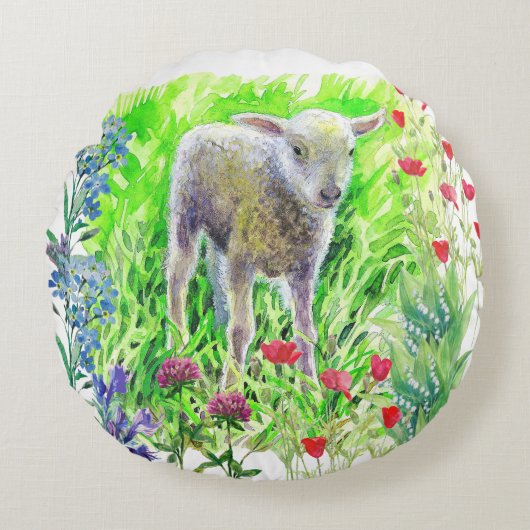 Een beetje lammetje en wilde bloemen rond kussen (Voorkant)