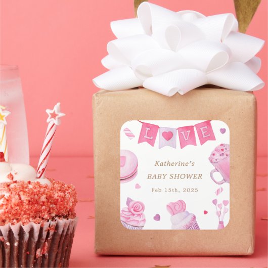 Een beetje lief roze Baby shower Vierkante Sticker (Feest)
