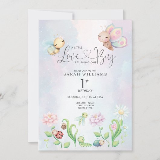 Een beetje Liefde Bug Waterverf Meisje 1e Verjaard Kaart (Voorkant)