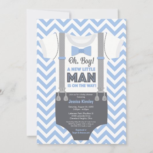 Een beetje Man Baby shower Invitation, Blauw & Gri Kaart (Voorkant)