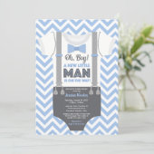 Een beetje Man Baby shower Invitation, Blauw & Gri Kaart (Staand voorkant)