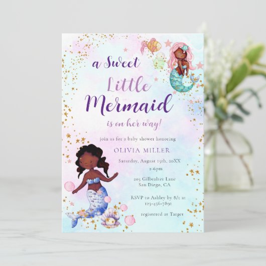 Een beetje Mermaid African American Baby shower Kaart (Staand voorkant)