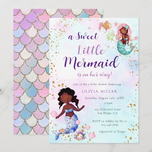 Een beetje Mermaid African American Baby shower Kaart (Voorkant / Achterkant)