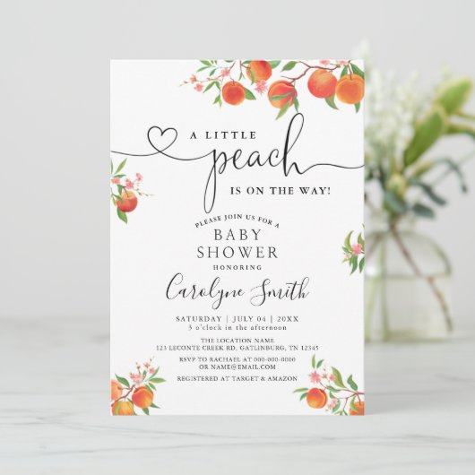 Een beetje perzik is op weg naar Baby shower Kaart (Staand voorkant)