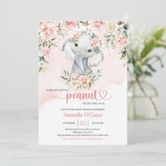 Een beetje pinda baby olifant blush bloemengoud kaart (Staand voorkant)