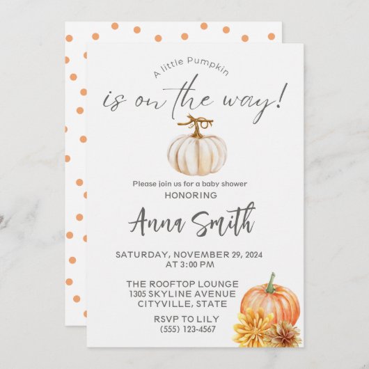 Een beetje pompoen baby douche uitnodigingen (Voorkant / Achterkant)