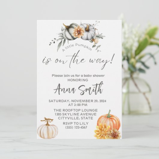 Een beetje pompoen baby douche uitnodigingen (Staand voorkant)