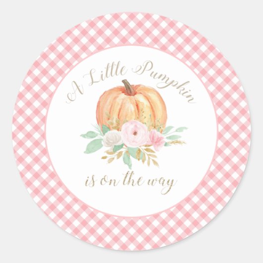 Een beetje pompoen Baby shower bloemenroze geruite Ronde Sticker (Voorkant)
