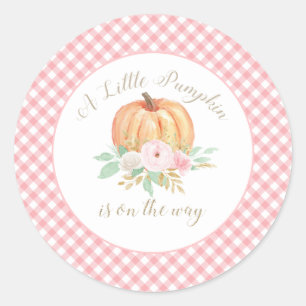 Een beetje pompoen Baby shower bloemenroze geruite Ronde Sticker