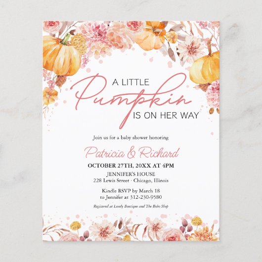 Een beetje pompoen budget baby douche uitnodiginge (Voorkant)
