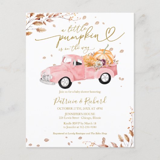 Een beetje pompoen budget baby douche uitnodiginge flyer (Voorkant)