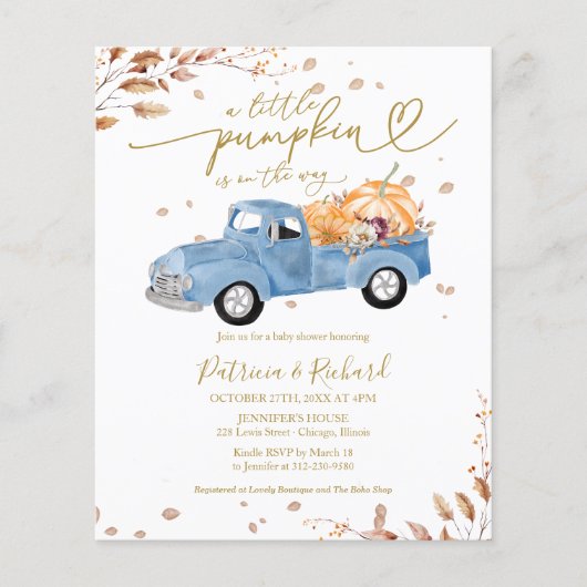 Een beetje pompoen budget baby douche uitnodiginge flyer (Voorkant)