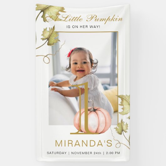 Een beetje pompoen foto eerste verjaardagsfeestje spandoek (Verticaal)