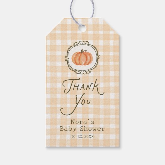 Een beetje pompoen grillige gingham Baby shower Cadeaulabel (Voorkant)