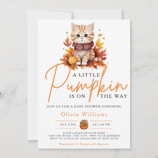 Een beetje pompoen Herfst Autumn Cat Baby shower Kaart (Voorkant)