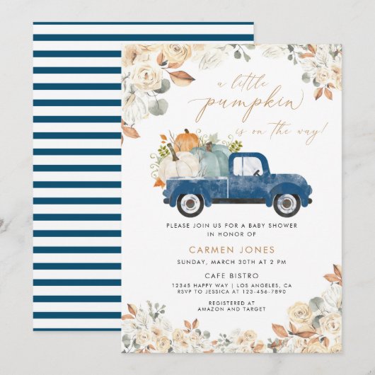 Een beetje pompoen Herfst Baby shower | Blauwe vra Kaart (Voorkant / Achterkant)