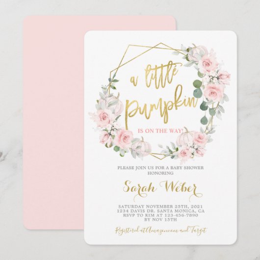 Een beetje pompoen Herfst blos roze baby shower me Kaart (Voorkant / Achterkant)