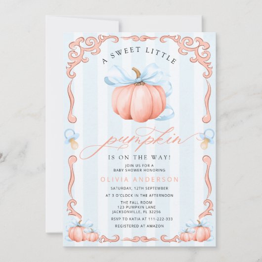 Een beetje pompoen Herfst Blue Bow Boy Baby shower Kaart (Voorkant)