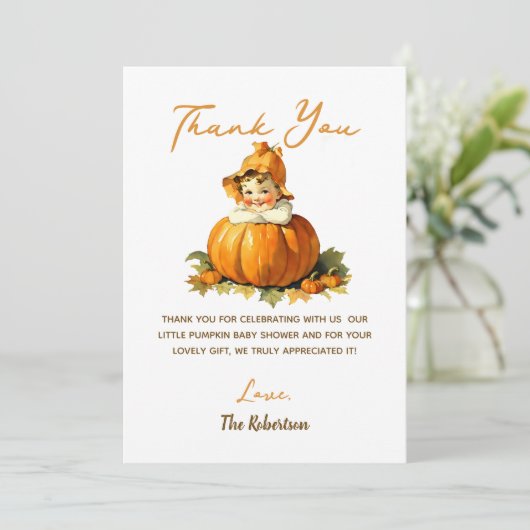 Een beetje pompoen Herfst herfst meisje Baby showe Bedankkaart (Staand voorkant)