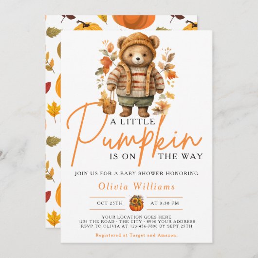 Een beetje pompoen Herfst Herfst SCHATTIGE BEER Ba Kaart (Voorkant / Achterkant)