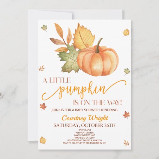 Een beetje pompoen is onderweg. Baby shower Invita Kaart (Voorkant)