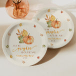 Een beetje pompoen is onderweg. Baby Shower Papieren Bordje<br><div class="desc">Dit is een herfst pompoen thema baby shower papier bord! Een kleine pompoen is onderweg! Groen,  Bruin,  Pompoenvalbladeren,  Jongensmeisje Unisex Genderneutraal,  oranje Bourgogne</div>
