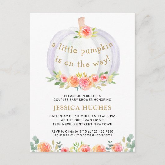 Een beetje pompoen is onderweg Baby shower Uitnodiging Briefkaart (Voorkant)