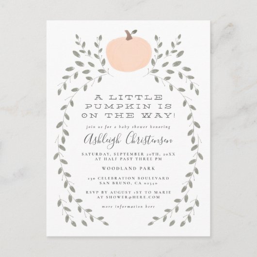 Een beetje pompoen is onderweg Baby shower Uitnodiging Briefkaart (Voorkant)