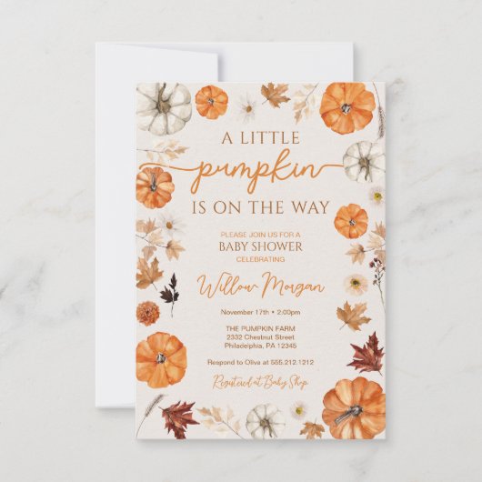 Een beetje pompoen Minimal Baby shower Invitation Kaart (Voorkant)