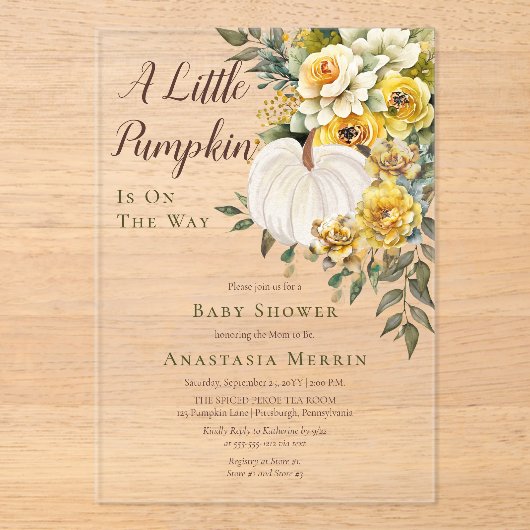 Een beetje pompoen oogst gouden bloemig Baby showe Acryl Uitnodigingen (Voorkant)