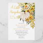Een beetje pompoen oogst gouden bloemig Baby showe Folie Uitnodiging (Voorkant)