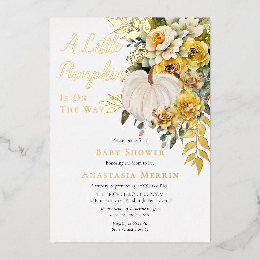 Een beetje pompoen oogst gouden bloemig Baby showe Folie Uitnodiging (Voorkant)