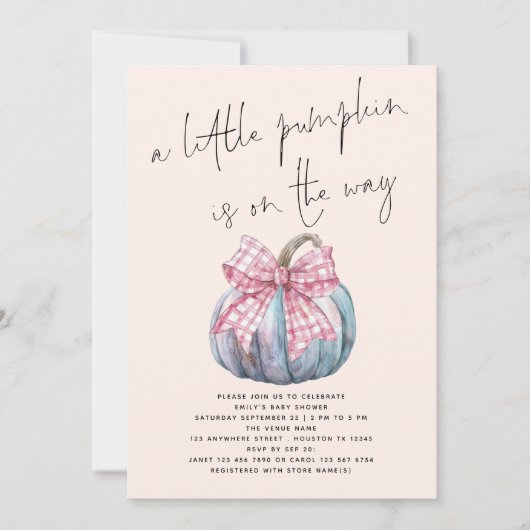 Een beetje pompoen PInk boog crème Baby shower Kaart (Voorkant)
