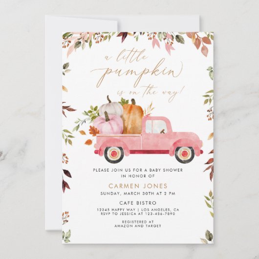 Een beetje pompoen roze truck Herfst Baby shower Kaart (Voorkant)