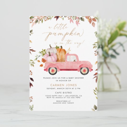Een beetje pompoen roze truck Herfst Baby shower Kaart (Staand voorkant)